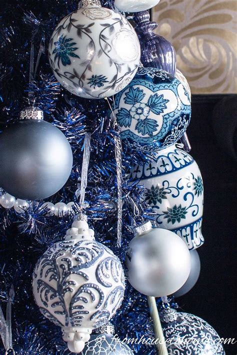 blue ornaments on christmas tree